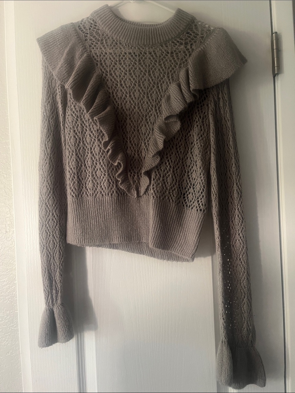 H&M Taupe Ruffle Open-Knit Crew Sweater